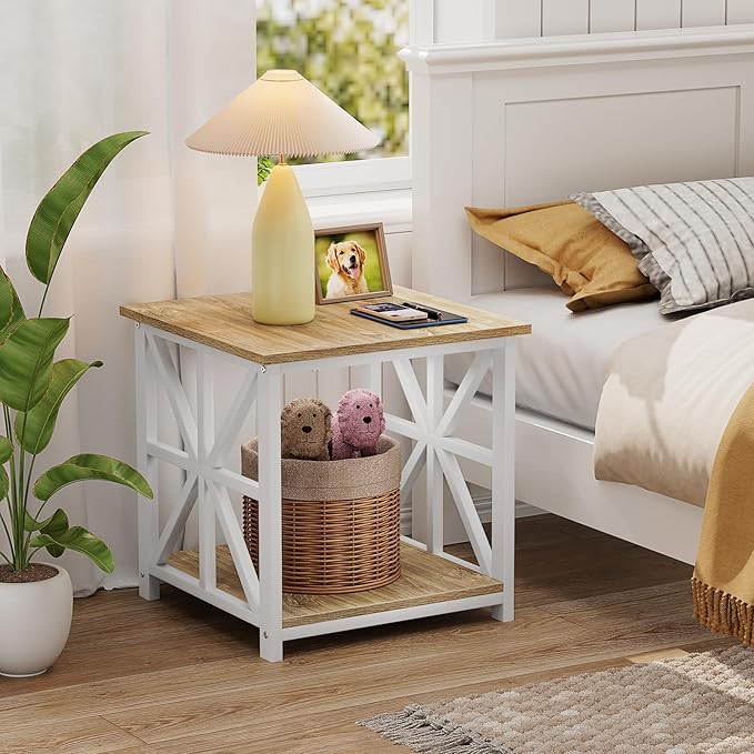 GreenForest End Table with 2-Tier Storage Shelf, 24 inch Large Side Table for Living Room, Modern Nightstand for Bedroom Bedside Office Farmhouse, Oak