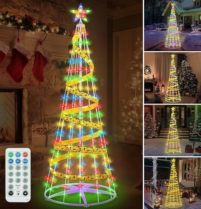 [11 Modes & Timer] 7 FT LED Christmas Tree Cone Lights Color Changing, 216 LED Outdoor Christmas Cone Tree with 11 Modes Timer Remote for Indoor Outside Yard Porch Xmas Decor Multicolor & Warm White