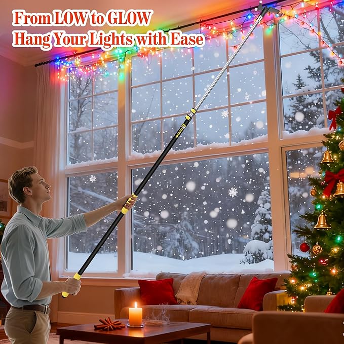 4-12 FT Christmas Light Telescopic Hanger Pole with Utility Hook, Stand Reach 30 Feet Long 3/4 inch Threaded Pole Reaching High Place for Hanging and Installation Lights String, Clothes and Birdfeeder