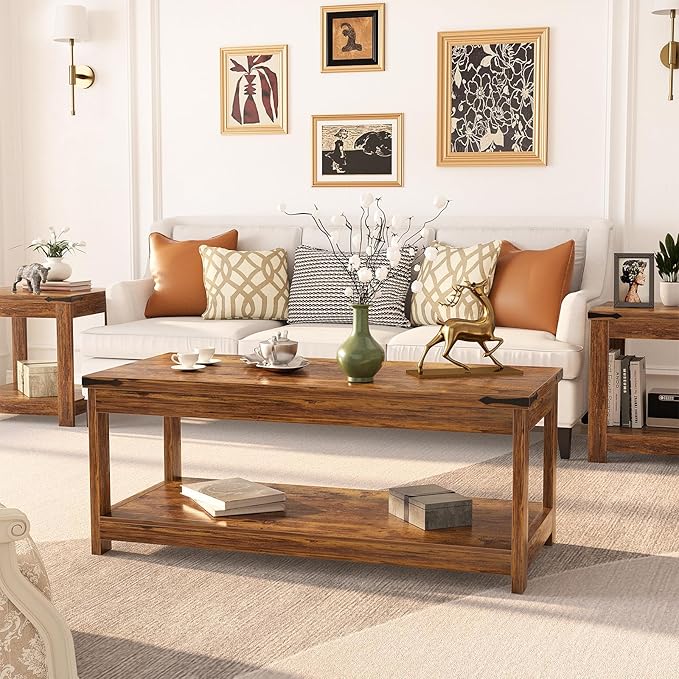 Homieasy Coffee Table with Storage Shelf, 43.3” Farmhouse Wood Coffee Tables for Living Room, Modern Center Tea Table, Rustic Brown
