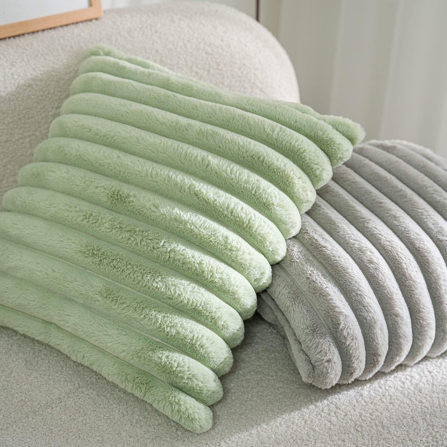 DEELAND Pack of 2,Double-Sided Faux Fur Plush Decorative Throw Pillow Covers Fuzzy Striped Soft Pillowcase Cushion Covers for Sofa Couch Bedroom Lightgrey 16x16 inch