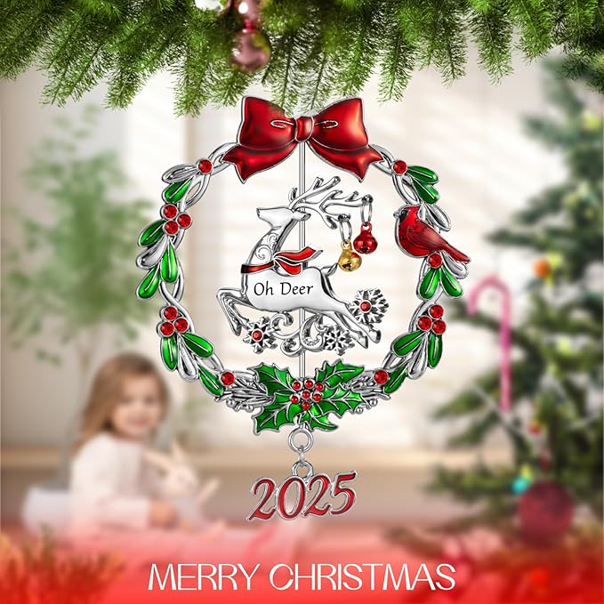 Christmas Tree Ornament Metal Silver Hanging Rotatable Design Charm Holiday Decorative Pendant Gift Keepsake (2025 Deer)