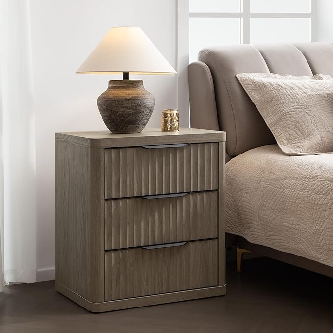 SICOTAS Night Stand Set of 2 Nightstands with 3 Drawers Storage Bedside Table Large Fluted Bed Side End Table Modern 25.6" Tall Wide Night Stands for Bedroom Living Room Sofa Couch Office, Grey Alder