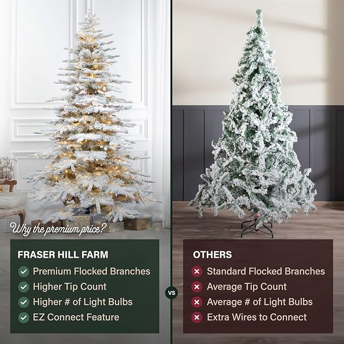 Fraser Hill Farm 10-Ft. Pine Valley Flocked Artificial Christmas Tree with White Incandescent Smart Lights and Stand, Prelit Foldable Fake Tree with Realistic Snowy Foliage for Home Decoration