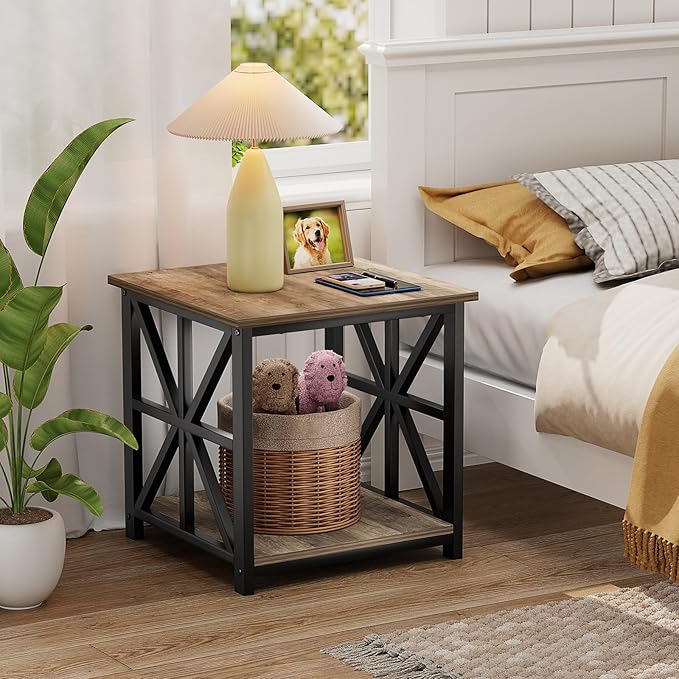 GreenForest End Table with 2-Tier Storage Shelf, 19.7 inch Side Table for Living Room, Modern Nightstand Bedside Table for Bedroom Office, Grey Wash