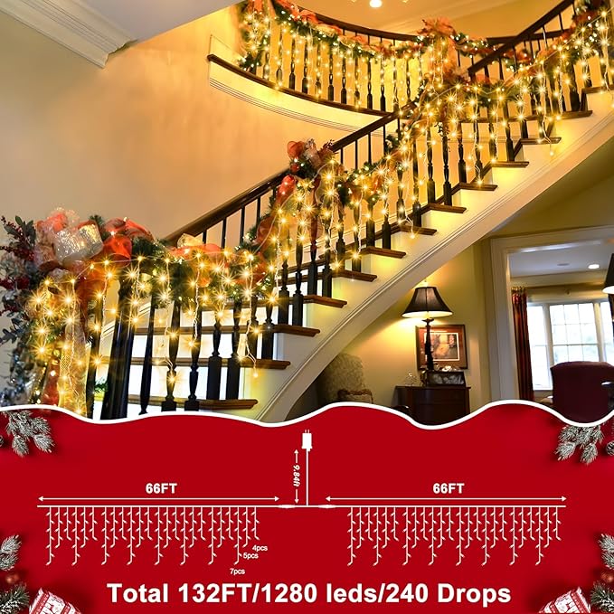 XURISEN 132ft Christmas Lights Decorations Outdoor, 1280 LED 8 Modes Fairy Lights with 240 Drops,Plug in Waterproof Timer Memory Function for Christmas Holiday Wedding Party Decorations(Warm White)