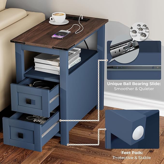 Farmhouse End Table with Charging Station and 2 Storage Drawers, Blue Wood Nightstand Narrow, Skinny Side Table Rustic, Slim Bedside Table, Open Shelf, Small for Bedroom, Living Room, Sofa
