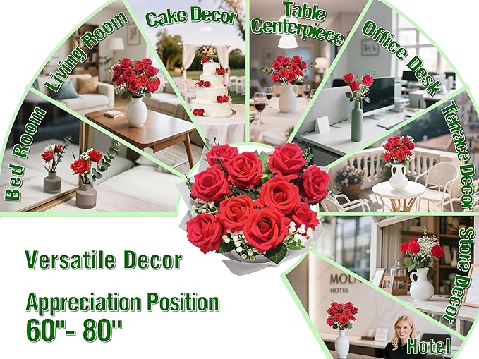 10 Stems Artificial Roses Bouquet with 4pcs Artificial Baby's Breath 6pcs Artificial Eucalyptus Leaves Stems, for Silk Floral Arrangement or Space Decoration (Red)
