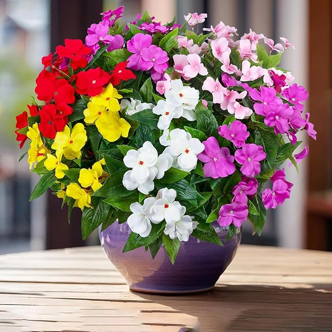 5PCS Artificial Impatiens Bouquet Flowers for Outdoors Silk Faux Flowers Fake Planters UV Resistant Summer Indoor Decor Garden Porch Patio Window Balcony (Mix Pink Red Purple Yellow White)