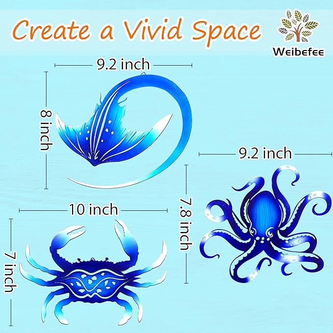 Weibefee Metal Wall Art Decor Octopus Crab Manta Ray Coastal Nautical Ocean Christmas Decor Concise 9'' Set of 3 Hanging Christmas Decorations Gift for Bathroom Beach Indoor Outdoor Pool Home Bedroom Living Room Blue