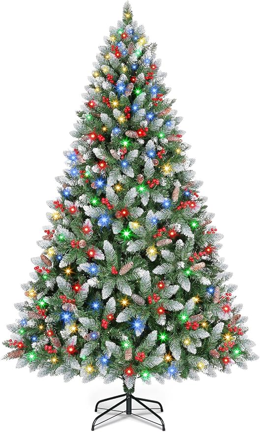 6.5 Ft Pre-Lit Artificial Christmas Tree with 400 Dual Color LED Lights & Timer - Snowy Spruce with 1100 Branch Tips & 60 Pine Cones & 60 Berries Indoor Outdoor Home Christmas Decorations
