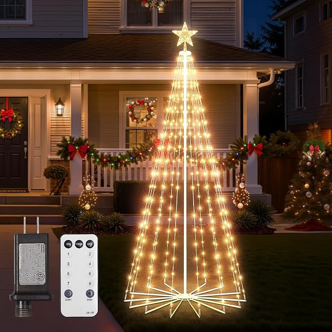 Christmas Cone Tree Light, 7.5ft 295 LED Light Show Christmas Tree with 8 Modes Timer Remote, Dimmable Artificial Christmas Tree for Porch Yard Patio Indoor Outdoor Xmas Holiday Decor, Warm White