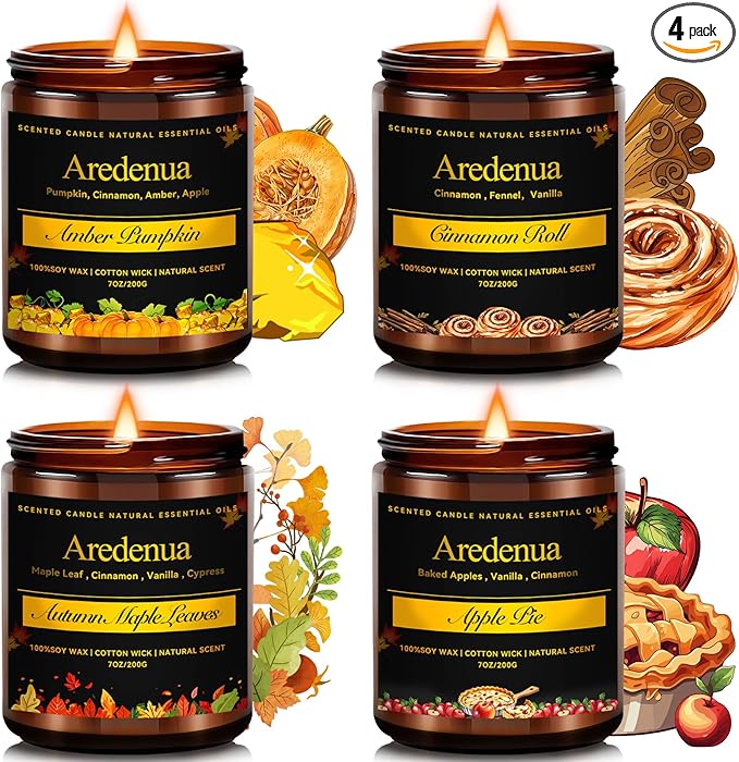 Holiday Candle Set – 4 Pack Winter Cozy Christmas Seasonal Candle Gift - Scent of Cinnamon Roll, Amber Pumpkin, Autumn Leaves & Apple Pie, Hand-Poured Soy Candles for Christmas Cozy Winter Gifting