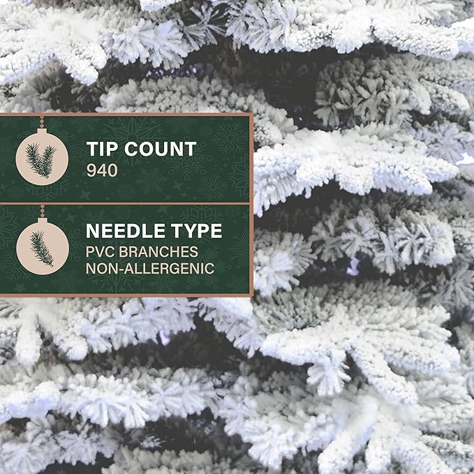 Fraser Hill Farm Pine Valley Flocked Christmas Tree, 6.5 Feet Tall | Holiday Tree with Metal Base Perfect Home Decor | Snowy Xmas Tree with No Attached Lights | FFPV065-0SN