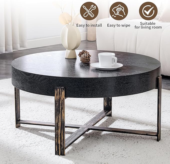 LKTART 31.5'' Round Coffee Table for Living Room, Modern Wood Handcraft Drum Coffee Table with Storage, Stainless Steel Legs Tea Tables, Apartment Small Space, Black