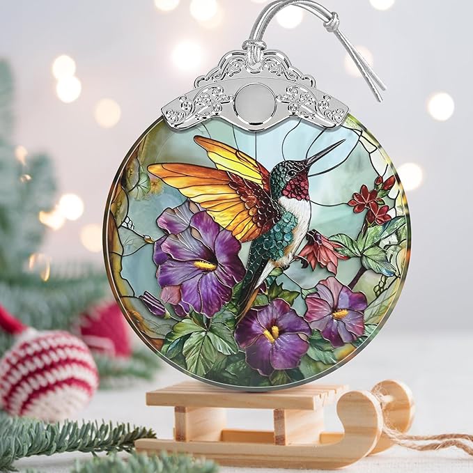 Stained Glass Suncatcher Ornament - Hummingbird Christmas Decorations - Christmas Ornaments for Tree - Holiday Present Ideas - Gift Exchange