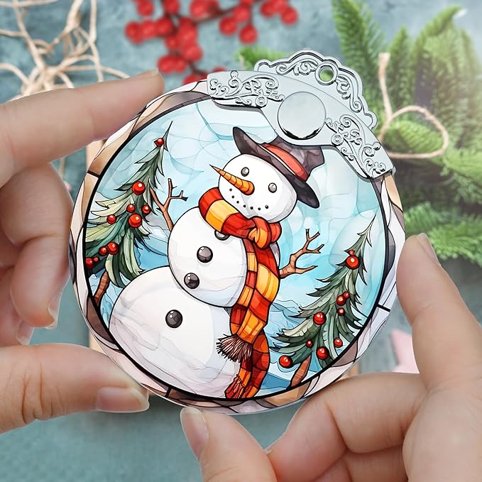 Snowman Christmas Ornament, Jocidea Stained Glass Ornaments for Christmas Tree, Christmas Tree Decorations, Snowman Lovers Gifts, Holiday Decor and Xmas Gifts Ideas