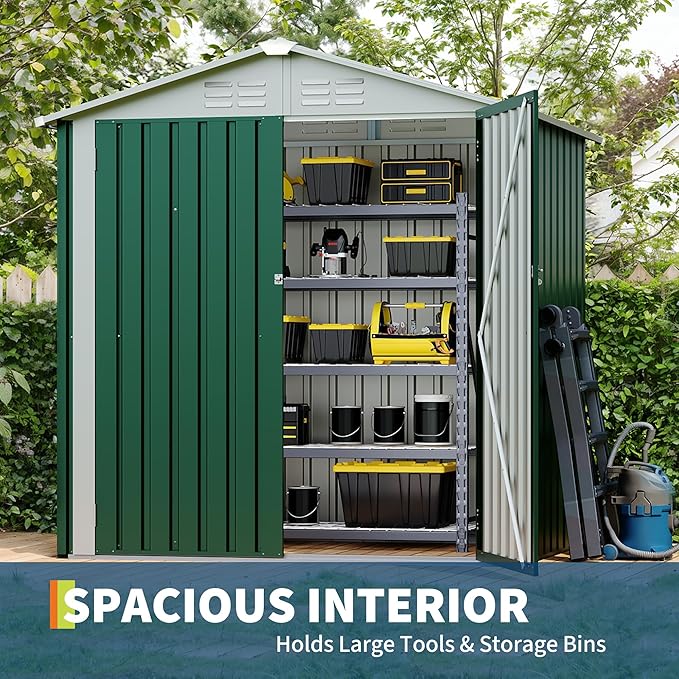 6x4 FT Outdoor Storage Shed, Garden Tool Storage Shed with Sloping Roof and Double Lockable Door, Outdoor Sheds with Panel Protection for Backyard Garden Patio Lawn,Green