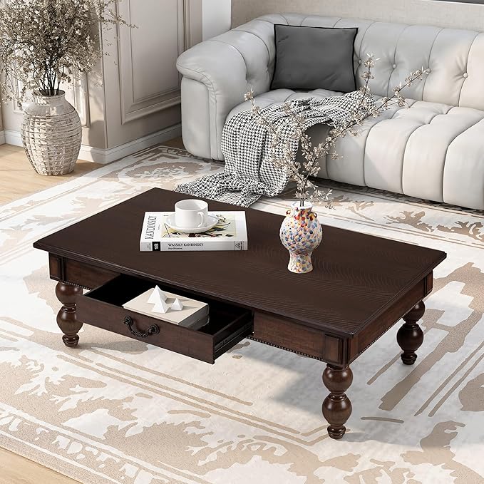Amposei Retro Coffee Table 47’’ Vintage Wooden Cocktail Center Table with 1 Storage Drawer & Solid Wood Legs for Living Room, No Assembly, Espresso