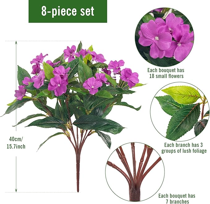 UUqueeten15.7” Fall Decorations for Home Fake Fall Flowers Fake Plants Artificial Impatiens Bouquet Flowers for Outdoors Silk Faux Flowers Impatiens Plants Decor Indoor Planters 8PCS (Purple)