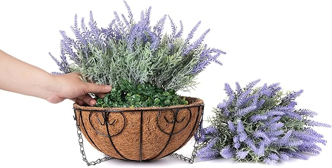 Artificial Hanging Flowers with Basket Fake Fall Lavender for Outdoor Decor, 12 Bundles Faux Purple Outside Decoration Realistic UV Resistant Plants for Porch Balcony Patio Garden Yard