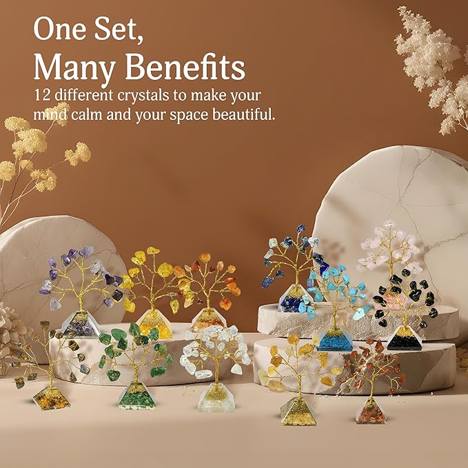 YATSKIA Pyramid Crystal Tree of Life, Birthday Gifts for Women, Crystals and Healing Stones, Home and Office Crystal Decor, Feng Shui Decor, House Warming Gifts New Home (Set of 12 Small Trees)