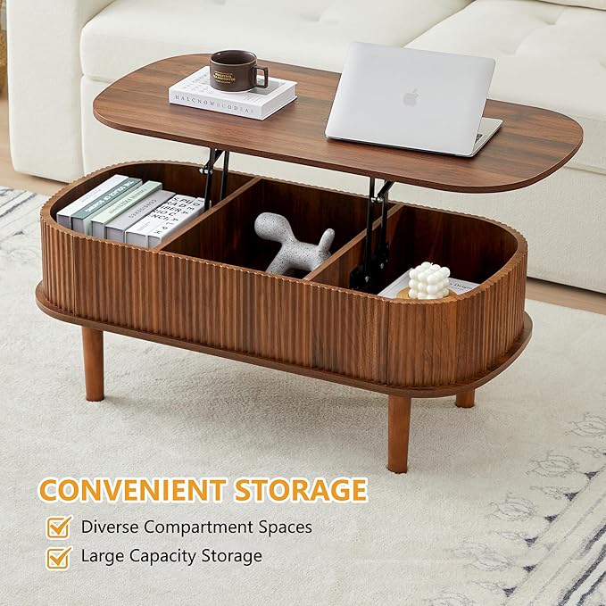 Fluted Lift Top Coffee Table with Hidden Compartment, Fully Assembled Wooden Center Table, Modern Oval Lift Tabletop for Home Living Room Office, Walnut