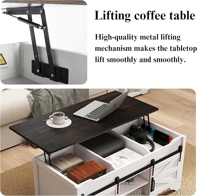 Lift Top Coffee Table with Sliding Barn Door 47.64" W Rustic Storage Coffee Tables, Wood Rectangle Center Table with Hidden Storage Compartment for Home, Office, White and Black