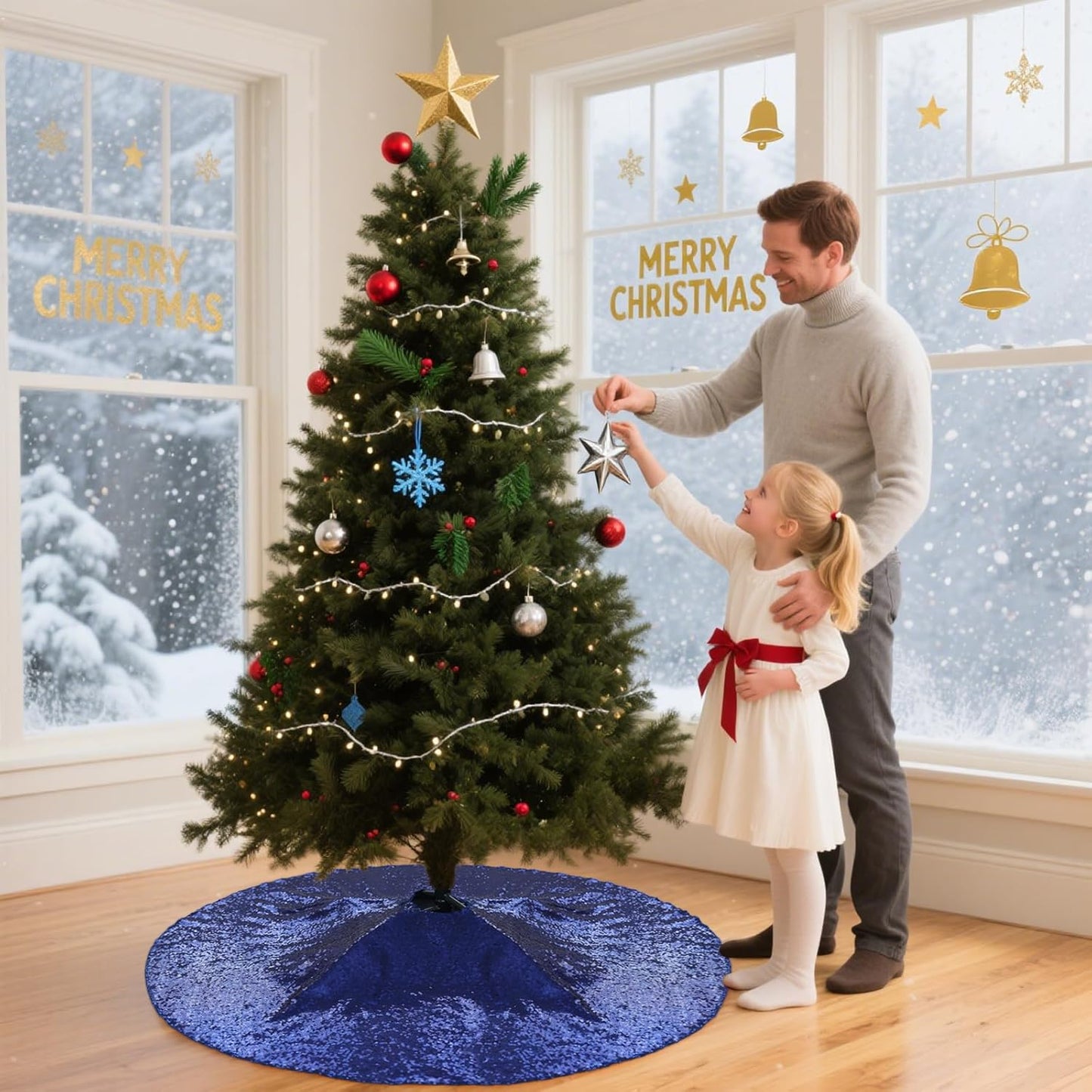 Eternal Beauty Christmas Tree Skirt, 70 Inch Navy Blue Sequin Tree Skirt Small Xmas Tree Skirt for Christmas Tree Decorations
