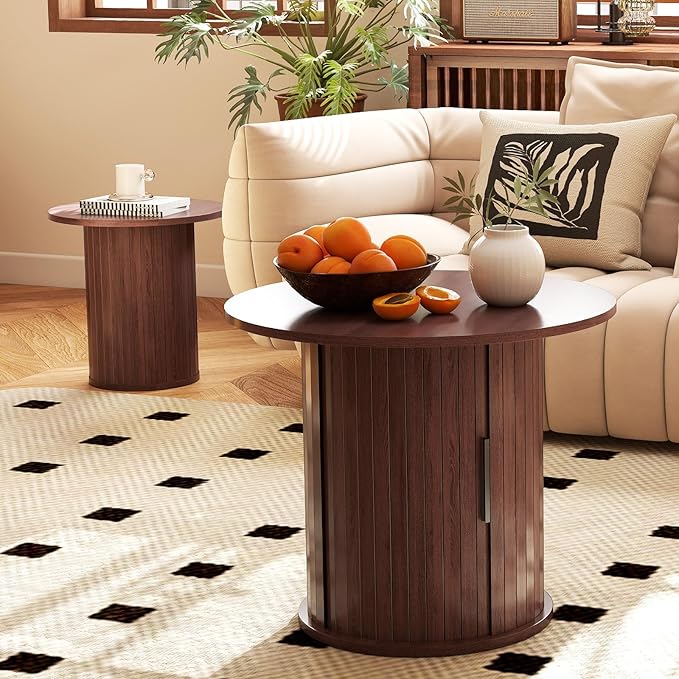 COSVALVE Round Wood Coffee Table 23.6IN with Hidden Storage & Sliding Door, Circle Farmhouse Side Table Sets for Living Room, Bedroom, Balcony, Small Spaces, Walnut