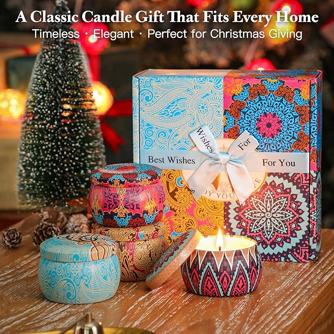 Holiday Candle Gift Set, 4 Pack Long Lasting Classic Bohemian Scented Soy Wax Candles with Fig, Lemon, Spring & Lavender Scents, Aromatherapy Candles for Home, Christmas Gifts for Everyone