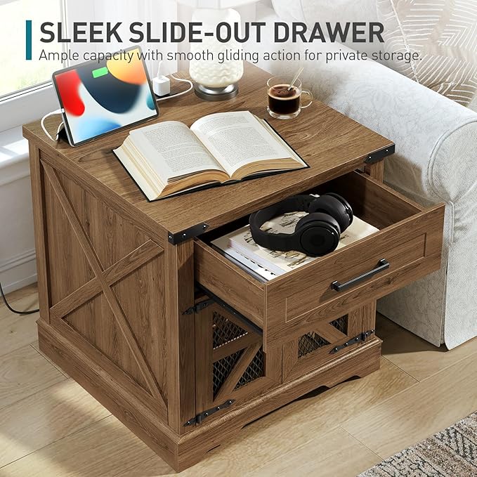 Farmhouse End Table Set of 2, 24" Large Sofa Side Table with Drawer, Large End Table for Living Room, Wooden Nightstand with Charging Station, Square, Walnut