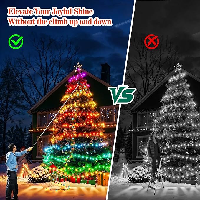 6-24 FT Christmas Light Telescopic Hanger Pole with Utility Hook, Stand Reach 30 Feet Long 3/4 inch Threaded Pole Reaching High Place for Hanging and Installation Lights String, Clothes and Birdfeeder