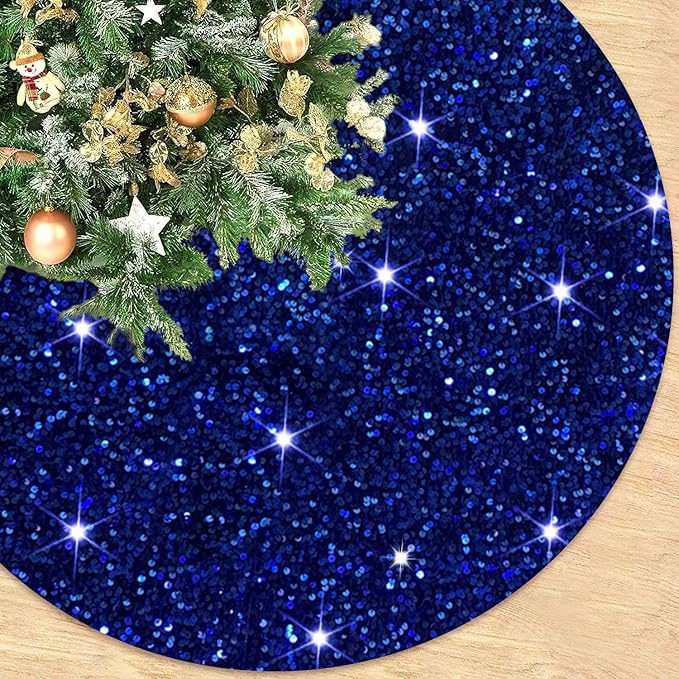 Royal Blue Christmas Tree Skirt 46 Inch Round Sequins Xmas Tree Skirt Sparkling Velvet Tree Skirts Cover Shimmer Tree Floor Mat Embroidered Tree Skirts for Christams Tree New Year Decor