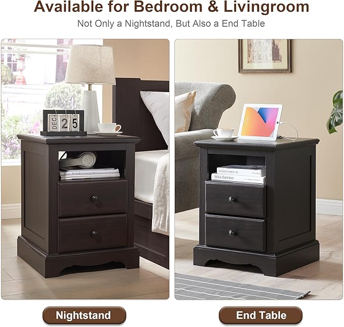 T4TREAM Nightstand with Charging Station Set of 2, Wood Rustic Sofa Side Table with Open Storage Shelf, 18 Inch Vintage End Table with 2 Drawers for Living Room, Bedroom, Espresso