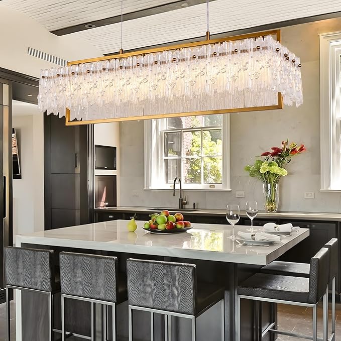 Dining Room Light Fixture 32'' Modern 6-Light Gold Chandelier for Dining Room with E12 Base Compatible with 3000K~6000K (No Bulbs) Linear Farmhouse Lighting for Kitchen Island and Living Room