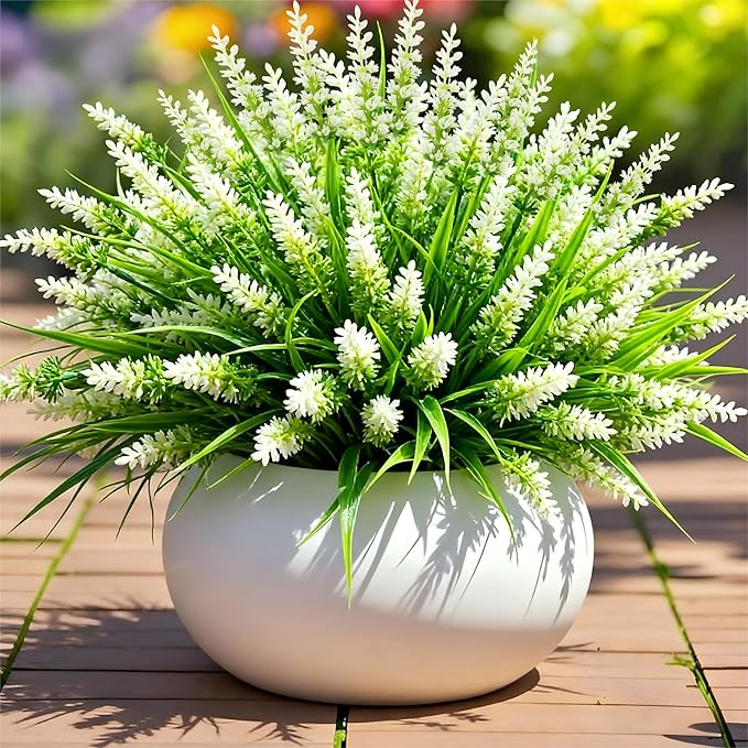 Geegoods Artificial White Lavender Flowers for Outdoors – 24 Bundles UV Resistant Fake Flowers with Monkey Grass, Realistic Artificial Plants Outdoor for Garden, Patio, Porch, Window Box & Home Décor