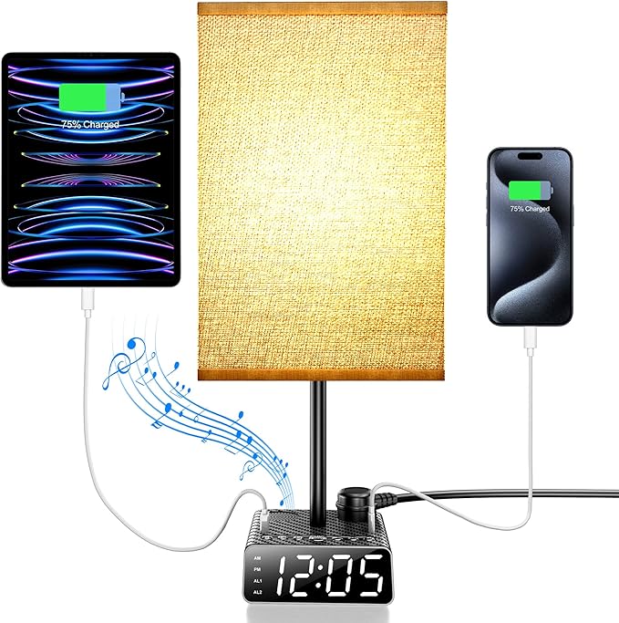 Yostyle Table Lamp with Alarm Clock Base, Bedside Lamp,2 USB & 1 AC Power Outlets, FM Radio & Speaker 6Ft Extension Cord - Square Black Fabric Lampshade,Touch Control Ideal for Bedrooms Living Rooms