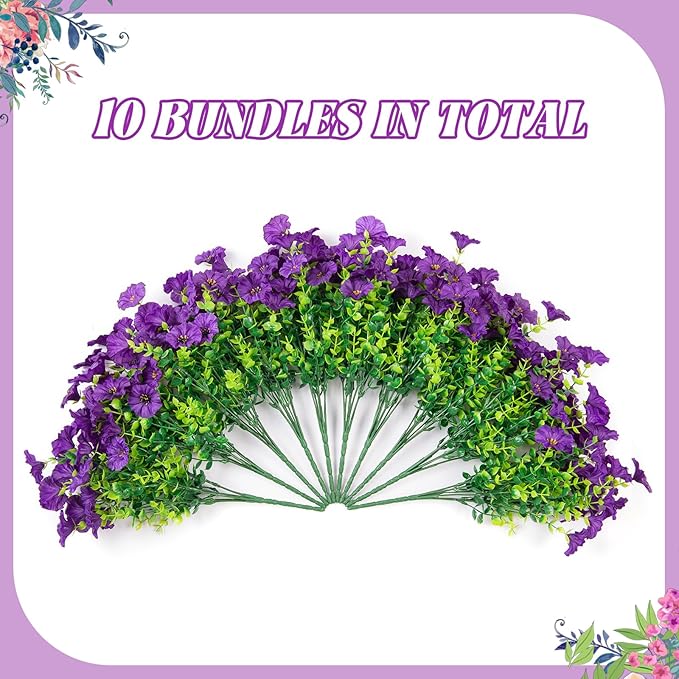 Artificial Flowers for Outdoor Decoration, 10 Bundles Fake Plastic Flower Plant, Faux Colorful Silk Morning Glory Eucalyptus for Outside Spring Summer Garden Porch Front Door Decor, Dark Purple
