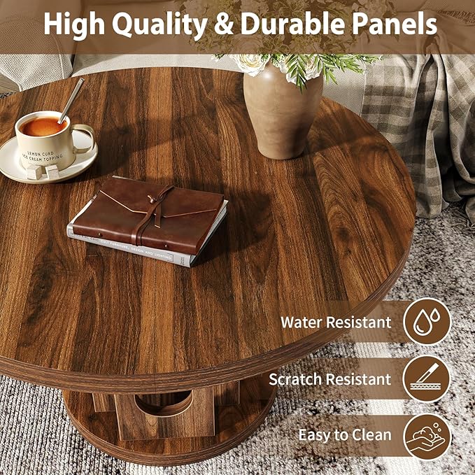 31.5" Round Coffee Table, Small Wooden Circle Center Table Hole Panel Splice Design Coffee Tables for Living Room, Thickened Edge MDF Board, Walnut