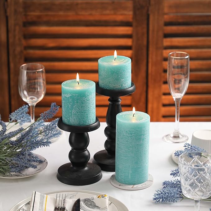 3x3 Inch Turquoise Pillar Candles Set of 3 - Unscented Candles, Long Clean Burning, Large Big Candles, Smokeless Dripless Pillar Candles for Dinner Table, Wedding, Home, Bathroom, Rustic Decor