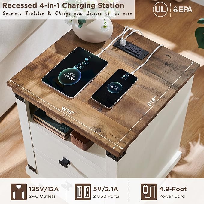 RedLemon Farmhouse Nightstand with Charging Station, 18" Rustic Night Stand with 2 Storage Drawers, Wood End Table for Bedroom, Living Room, Antique White