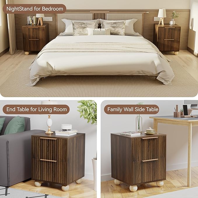 Fluted Nightstand Set of 2, Walnut Finish Bedside Table with Spacious Storage Drawers, Night Stand with Solid Wood Round Legs for Bedroom, End Table, Side Table
