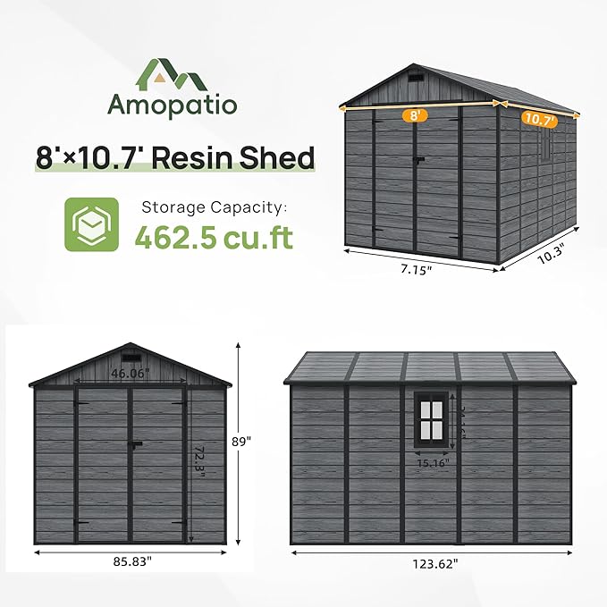 Amopatio Outdoor Storage Shed with Floor,8x10 FT Lockable Plastic Tool Shed with Ventilation,Waterproof Resin Garden Sheds for Backyard,Patio,Lawn and Bike Dark Grey