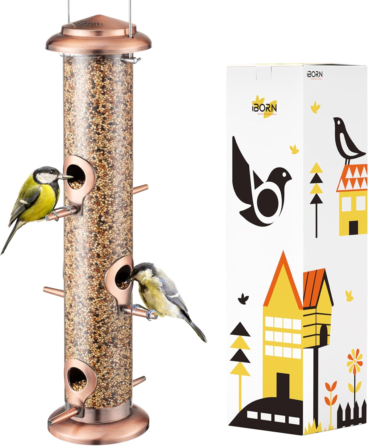 iBorn Metal Bird Feeders Brushed Copper Wild Bird Feeder for Outdoors Hanging All Metal Brushed Copper Finishing 14 Inch 6 Port(Seed is not Included)