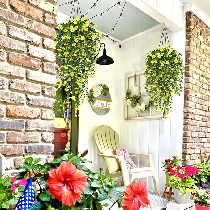 RECUTMS Artificial Hanging Flowers Plants for Outdoors 4 Pcs Fake Mums Plant Decor Realistic Real Touch Silk Flower UV Resistant Trailing Vine Look Real for Yard Porch Patio Garden Balcony (Yellow)