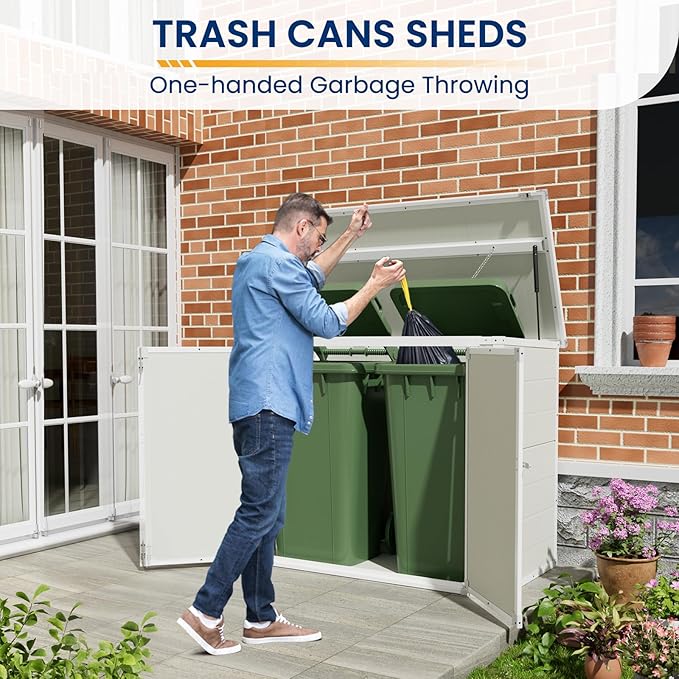Amopatio 41 Cu Ft Horizontal Outdoor Storage Shed, Resin Trash Can Storage Weather Resistance, Garbage Can Shed for Garden Tools, Lawn Mowers, Garbage Cans, Patio Use, Grey