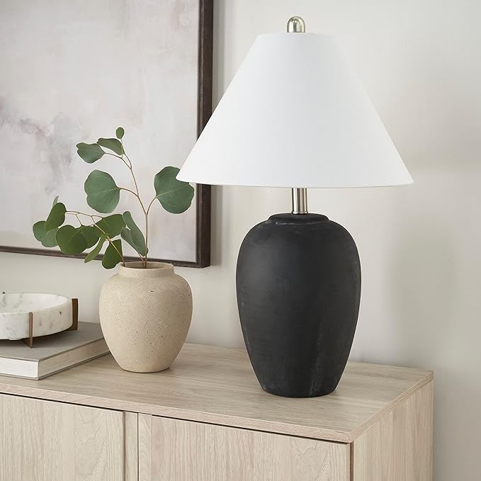 Nourison Home 23" Black Vintage Distressed Ceramic Pot Table Lamp for Bedroom, Living Room, End Table, with White Conical Empire Shade