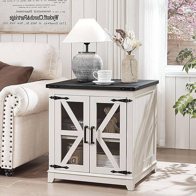 Farmhouse End Table,24" Large Sofa Side Table with Charging Station Glass Barn Door,Wood Nightstand with Adjustable Storage Shelf,Square Bedside Table for Living Room,Bedroom,Office-White