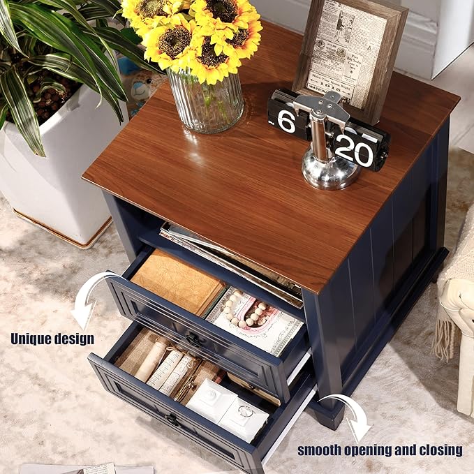 Farmhouse Nightstand, 24" Wooden Couch Side Table with 2 Drawers & Open Shelf, Rustic End Table for Bedroom & Living Room, Bedside Space-Saving Accent Storage Cabinet (Blue)